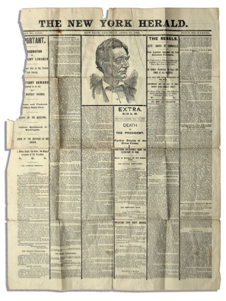 Front Page of The 15 April 1865 Edition of ''The New York Herald'' Announcing Lincoln's Death