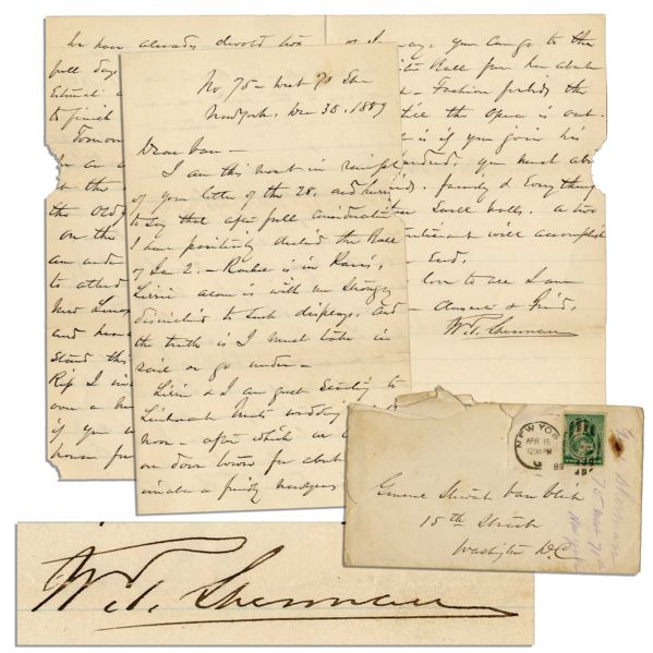 William T. Sherman Autograph Letter Signed -- ''...Tomorrow night I come in after an all night affair at the Players Club to see the old year out + new year...'' -- 1889