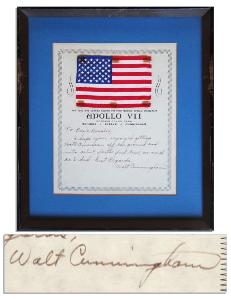 Apollo 7 American Flag Flown -- Affixed to an Official NASA Certificate Signed By Walt Cunningham