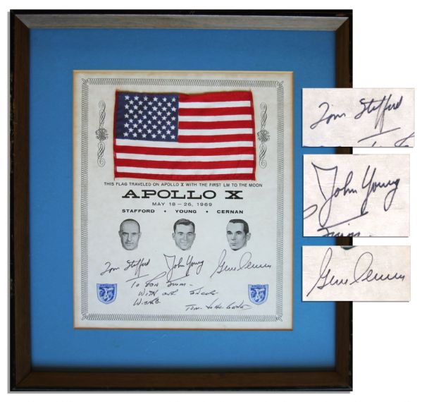Apollo 10 American Flag Flown -- Affixed to an Official NASA Certificate Signed By Each Astronaut