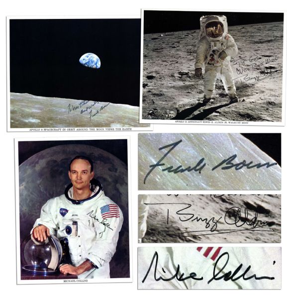 Collection of Three Official NASA Photos Signed By Buzz Aldrin, Michael Collins & Frank Borman