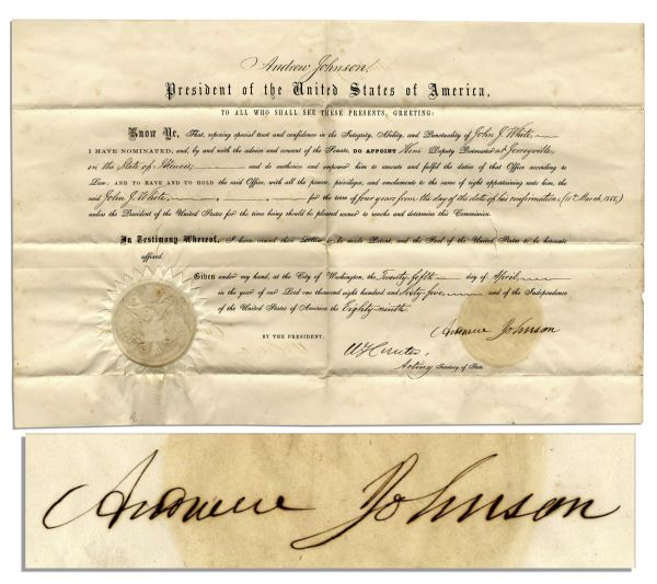 Andrew Johnson 1865 Document Signed as President -- Just a Week After Taking Office in the Wake of Lincoln's Assassination