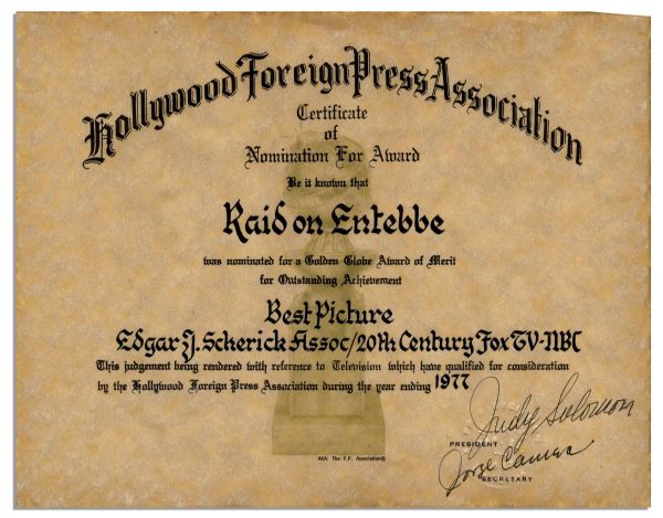 Golden Globe Awards 1977 Best Picture Nomination Certificate For ''Raid on Entebbe''
