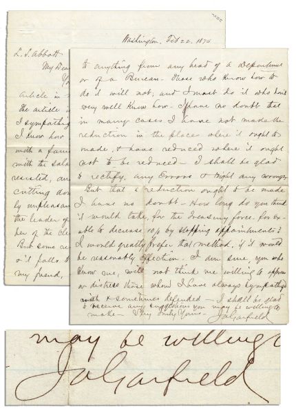 James Garfield Autograph Letter Signed During His Seventh Term in The House of Representatives -- ''...[I am not] willing to oppress or distress those whom I have always sympathized with...''