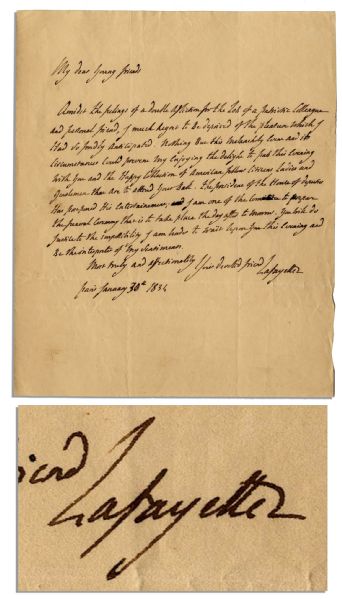 Marquis de Lafayette Autograph Letter Signed -- ''...Nothing but this melancholy event...could prevent my enjoying...your Ball...''