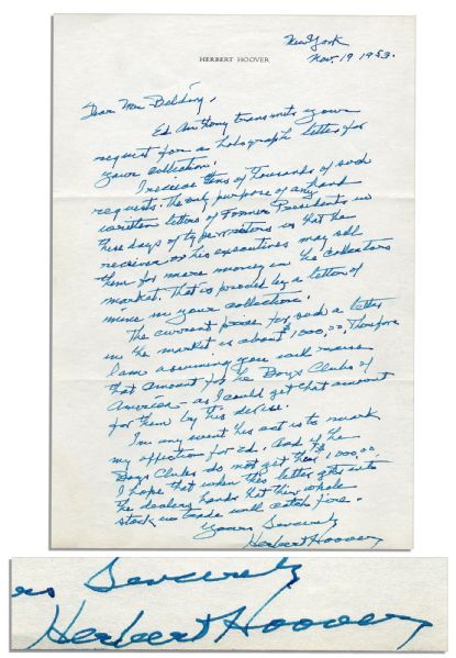 Exceedingly Rare Herbert Hoover Autograph Letter Signed -- ''...receive tens of thousands of such requests....I hope that when this letter gets into the dealers hands [it] will catch fire...''