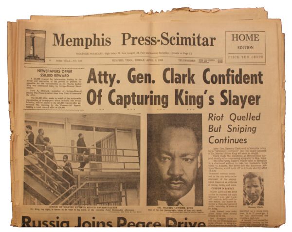 ''Memphis Press-Scimitar'' 5 April 1968 Detailing Death of Martin Luther King -- King Shot by Memphis Sniper Previous Day