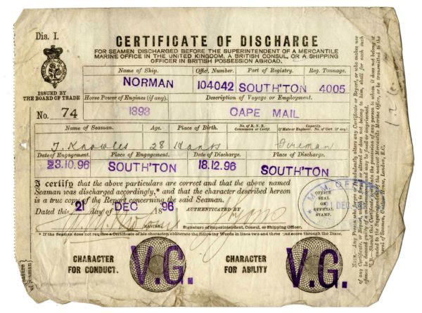 Rare Titanic Survivor Document -- Crew Member Thomas Knowles Certificate of Discharge from Service on Previous Ship -- Dated 21 December 1896