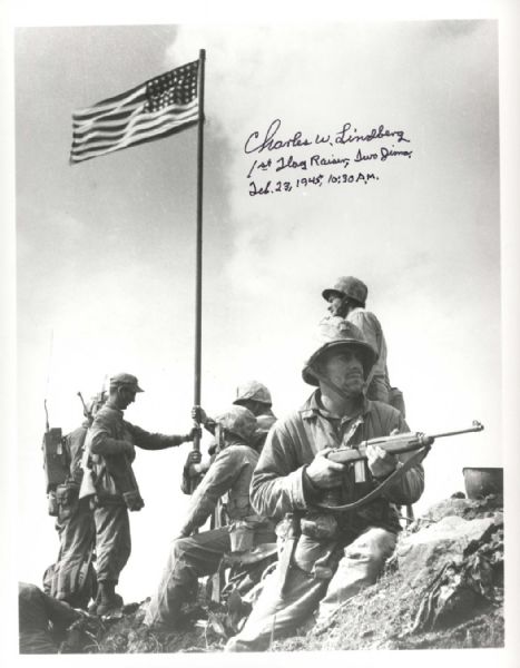Iwo Jima Photo Signed by Lindberg, the Oldest Surviving Member of the Iconic Flag Raising Party -- 8'' x 10''