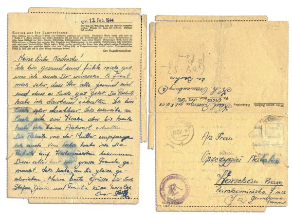 1944 Autograph Letter Signed From a Sachsenhausen Concentration Camp Prisoner -- ''...I am very thankful...''