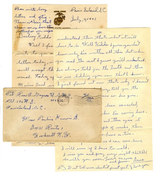 WWII Hero Rene Gagnon 1943 Autograph Letter Signed -- ''...in my hands I hold two means of killing a person...inside of six months I'll be using my rifle and bayonet to kill...''
