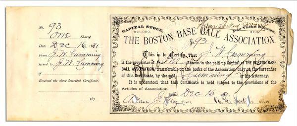 Very Rare 1881 Boston Baseball Association Stock Certificate