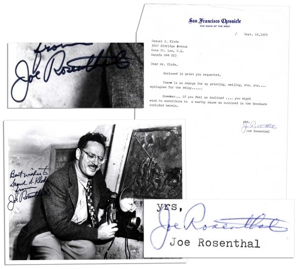 Pulitzer-Prize Winning WWII Photographer Joe Rosenthal Signed 10'' x 8'' Photo -- With a Typed Letter Signed