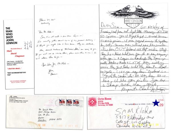 Charles Manson Autograph Letter Signed -- ''...GOT NO WAY of knowing real from not. I got little memory...when your in a cage + in handcuffs...''  Plus ALS From Mark David Chapman