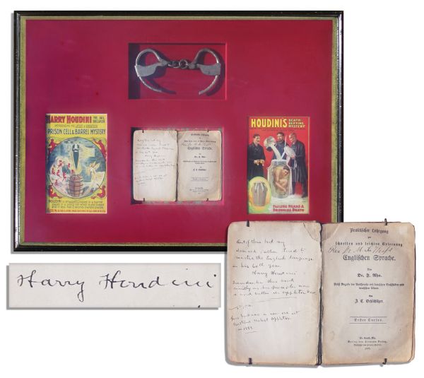 Harry Houdini Autograph Note Signed to a German-English Language Learning Book -- ''...Out of this book my dear father tried to master the English language in his 60th year...''