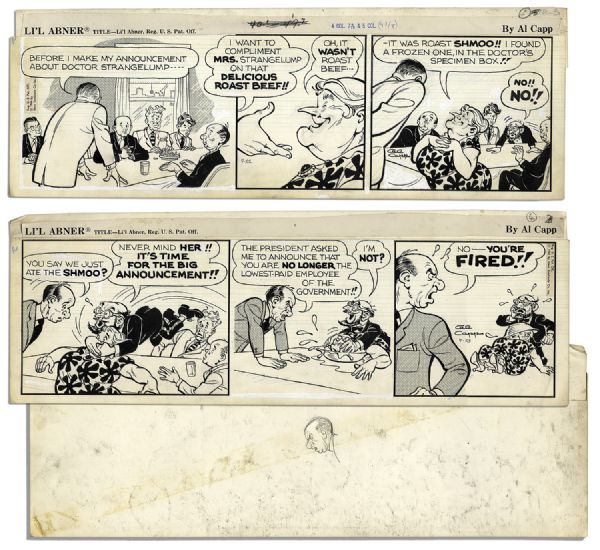 ''Li'l Abner'' Pair of 3-Panel Comic Strips From 1964 -- Hand-Drawn & Signed by Al Capp, Who Adds a Sketch to Verso of One Strip -- Featuring Dr. Strangelump -- 22.5'' x 7'' -- Toning, Very Good