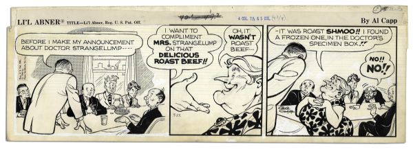 ''Li'l Abner'' Pair of 3-Panel Comic Strips From 1964 -- Hand-Drawn & Signed by Al Capp, Who Adds a Sketch to Verso of One Strip -- Featuring Dr. Strangelump -- 22.5'' x 7'' -- Toning, Very Good