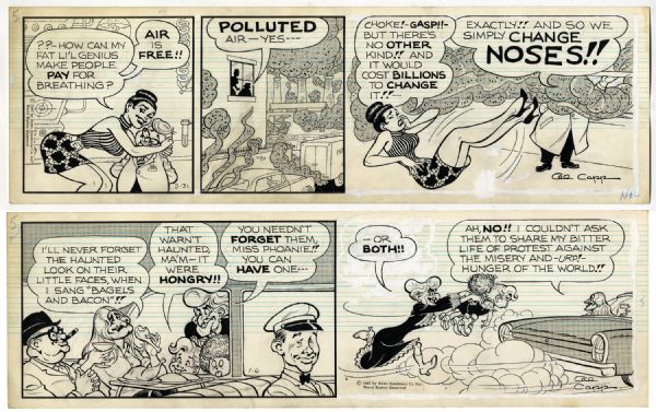 ''Li'l Abner'' Pair of Comic Strips Hand-Drawn & Signed by Al Capp -- From 6 January & 31 March 1967 -- Featuring Folk Singer Joanie Phoanie -- 19.75'' x 6.25'' -- Near Fine