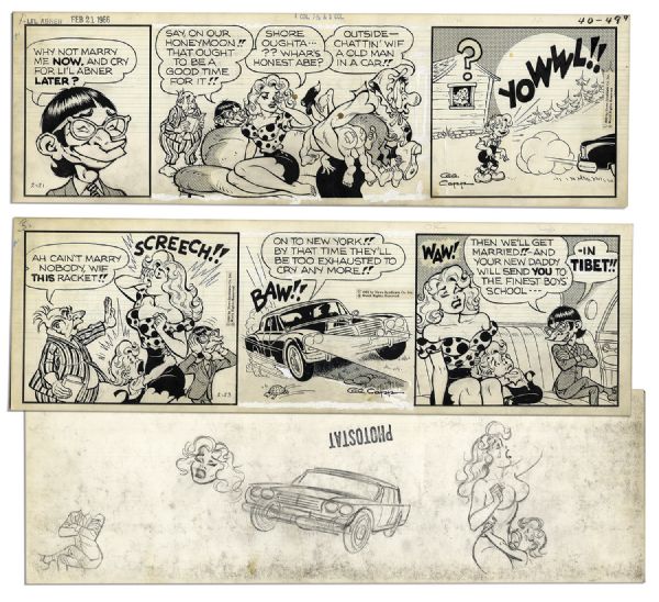 ''Li'l Abner'' Comic Strips Drawn & Signed by Al Capp from February 1966 -- Featuring Daisy Mae & Honest Abe With Sketches to Verso -- 19.75'' x 6.25'' -- Toning & White Out Else Near Fine