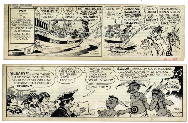 ''Li'l Abner'' Pair of Comic Strips Hand-Drawn & Signed by Al Capp From 22 & 23 May 1967 -- Featuring American Indians & Englishmen -- 19.75'' x 6.25'' -- Sketch to Verso, Near Fine