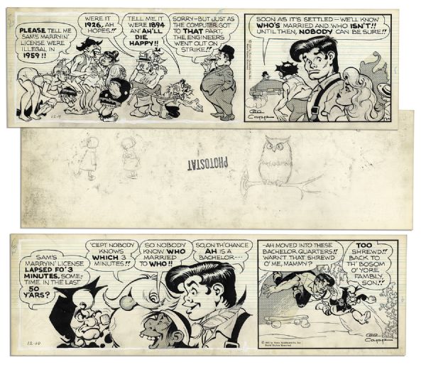 ''Li'l Abner'' Pair of Comic Strips Hand-Drawn & Signed by Al Capp From 9 & 10 Dec. 1967 -- Li'l Abner, Daisy Mae, Mammy & Dogpatchers -- 19.75'' x 6.25'' -- Near Fine