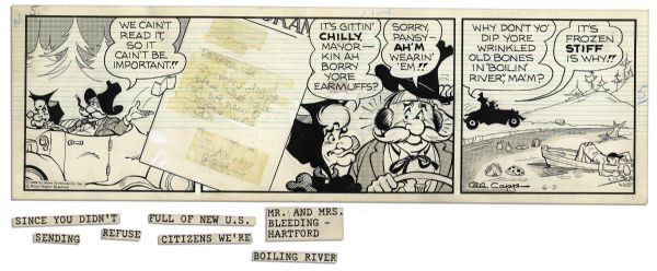 Pair of ''Li'l Abner'' Comic Strips Drawn & Signed by Al Capp From 1 & 3 June 1966 -- Featuring Unwelcome Immigrants to Dogpatch -- 19.75'' x 6.25'' -- Some Detached Text Blocks, Else Near Fine 