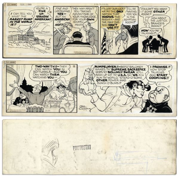 ''Li'l Abner'' Pair of Comic Strips From 1968 -- Hand-Drawn & Signed by Al Capp -- Featuring Li'l Abner in One Strip -- 22.5'' x 7'' -- White Out & Toning, Near Fine