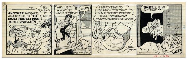 ''Li'l Abner'' Pair of Comic Strips Drawn & Signed by Al Capp From 12 & 14 July 1966 -- Featuring Li'l Abner & Daisy Mae With Sketches to Versos -- 19.75'' x 6.25'' -- Toning, Else Near Fine