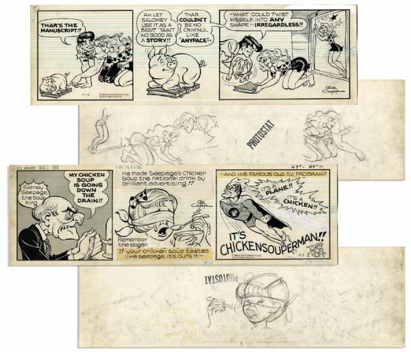 Pair of ''Li'l Abner'' Comic Strips Drawn & Signed by Capp From 8 & 9 July 1966 -- Li'l Abner, Daisy Mae, Salomey, Sidney Seepage & ChickenSouperMan -- 20'' x 6'' -- Toning, White Out, Near Fine
