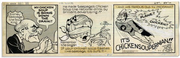 Pair of ''Li'l Abner'' Comic Strips Drawn & Signed by Capp From 8 & 9 July 1966 -- Li'l Abner, Daisy Mae, Salomey, Sidney Seepage & ChickenSouperMan -- 20'' x 6'' -- Toning, White Out, Near Fine