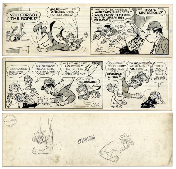 Pair of ''Li'l Abner'' Comic Strips Featuring Abner & Honest Abe -- 27 August & 16 September 1966 -- Drawn & Signed by Capp -- 19.75'' x 6.25'' -- Toning & White Out, Near Fine