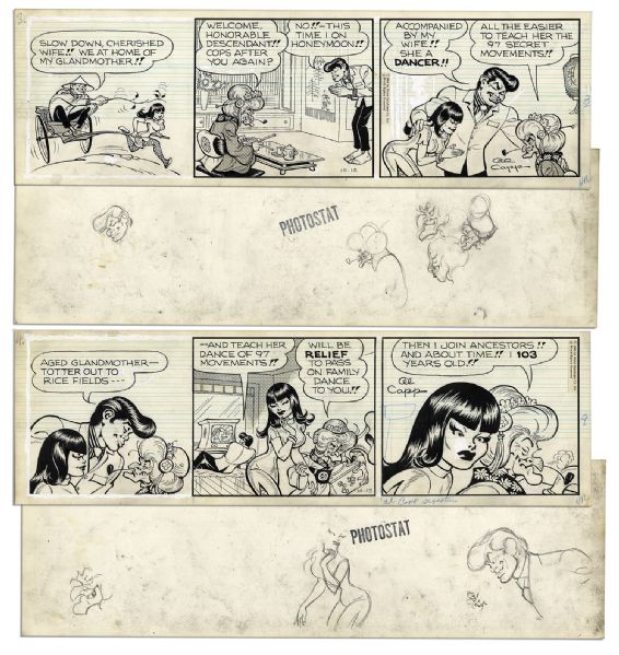 ''Li'l Abner'' Pair of Comic Strips Hand-Drawn & Signed by Al Capp From 10 & 11 October 1966 -- Li'l Abner as Li'l Abnai Yokumoto -- 19.75'' x 6.25'' -- Pencil on Verso, Near Fine