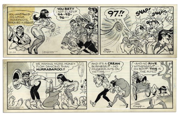 Pair of ''Li'l Abner'' Comic Strips, Hand-Drawn & Signed by Al Capp From 28 & 29 October 1966 -- Japan Storyline With ''Li'l Abnai Yokumoto'' -- 19.75'' x 6.25'' -- Toning & White Out, Near Fine