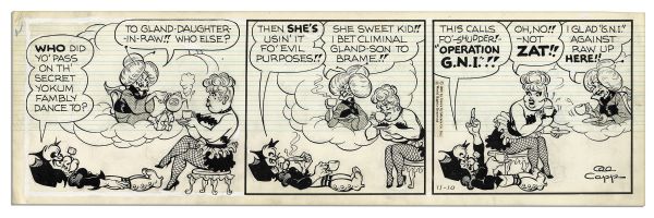 ''Li'l Abner'' 2 Strips Hand-Drawn & Signed by Al Capp From 10 & 11 November 1966 Featuring Mammy, Who References Her ''Good Night Irene'' Punch -- 19.75'' x 6.25'' -- Sketch to Verso, Near Fine