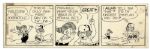 Lot of 4 ''Li'l Abner'' Comic Strips From 1976 -- Hand-Drawn & Signed by Capp Featuring Daisy Mae, Li'l Abner, A Shmoo & Honest Abe -- Sizes Vary, Approximately 19.5'' x 6.25''