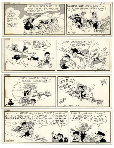 Lot of 4 ''Li'l Abner'' Comic Strips From 1-4 November 1976 -- Hand-Drawn & Signed by Al Capp Featuring Sadie Hawkins Day -- 19.5'' x 6.25'' -- Toning & White Out, Near Fine