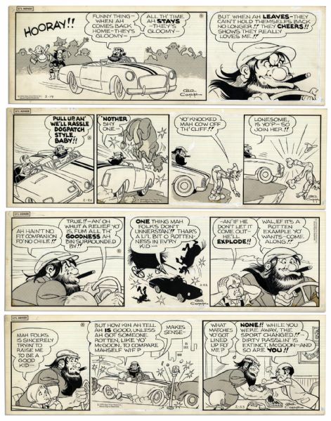 ''Li'l Abner'' Lot of 4 Strips Signed by Al Capp -- From 19-23 February 1974 -- Featuring McGoon, Mammy & Dogpatch Residents -- 19.5'' x 6.25'' -- Toning, Else Near Fine
