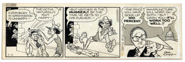 Lot of 4 ''Li'l Abner'' Comic Strips From 1973 -- With Abner, Mammy & Ole Henry -- Hand-Drawn & Signed by Al Capp, Who Adds a Sketch to One -- 19.75'' x 6.25'' -- Toning & White Out, Near Fine