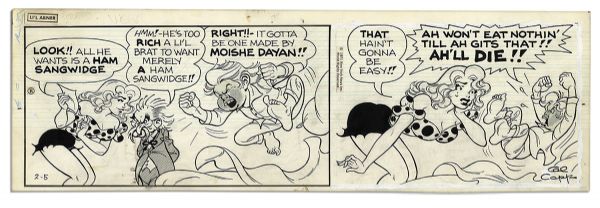 Lot of 4 ''Li'l Abner'' 1971 Comic Strips Drawn & Signed by Al Capp -- Featuring Honest Abe, Myra B. Mudlark, Abner & Daisy Mae -- 19.75'' x 6.25'' -- Toning & White Out, Near Fine
