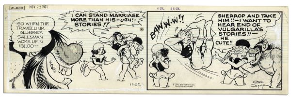 Lot of 4 ''Li'l Abner'' 1970 Comic Strips Drawn & Signed by Al Capp, Who Sketches in Versos -- Abner, Skeets Charleston & Tommy Wholesome -- 19.75'' x 6.25'' -- Toning & White Out, Near Fine