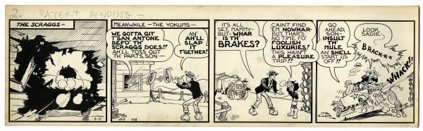 ''Li'l Abner'' Strip Hand Drawn & Signed by Al Capp From 2 June Circa 1942 -- The Yokums Versus The Scraggs, With Mammy, Pappy & Li'l Abner -- 22.75'' x 6.75'' -- Toning, Else Near Fine