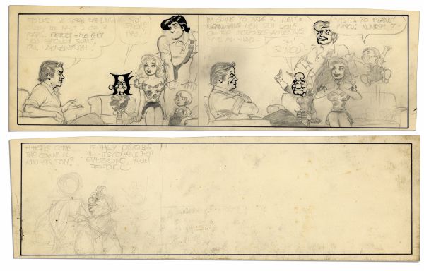 Al Capp ''Li'l Abner'' Unfinished Hand-Drawn Comic Strip -- Featuring The Abner Family Conversing With Capp Himself -- Measures 18.5'' x 5.75'' in Pencil & Ink, With Sketches to Verso