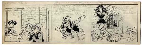 Al Capp ''Li'l Abner'' Unfinished Hand-Drawn Comic Strip -- Featuring Li'l Abner and Moon Beam McSwine -- Measures 19.5'' x 6.25'' in Pencil & Ink, With Pencil Sketches to Verso -- Near Fine