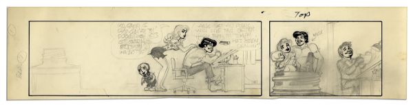 ''Li'l Abner'' Unfinished Comic Strip by Al Capp in Pencil & Black Ink -- Undated & Featuring Li'l Abner, Daisy Mae & Honest Abe at Capp's Drawing Desk -- 23'' x 5.5'' -- Near Fine