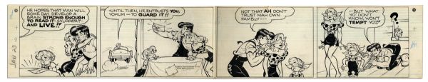 ''Li'l Abner'' Comic Strip From 23 January 1966 -- Hand-Drawn & Signed by Al Capp Featuring Li'l Abner, Daisy Mae & Honest Abe -- 2 Sheets, 14.5'' x 5'' Each -- Toning & White Out, Near Fine