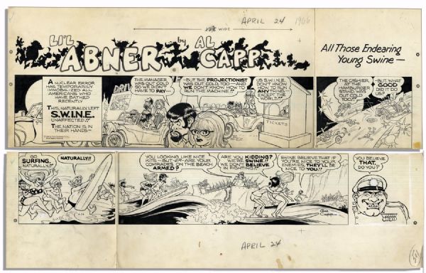 ''Li'l Abner'' Sunday Strip Hand-Drawn by Al Capp From 24 April 1966 With Sketches to Verso -- Featuring Capp's Famous ''S.W.I.N.E'' Characters -- 29'' x 18'' On Two Separated Strips -- Very Good