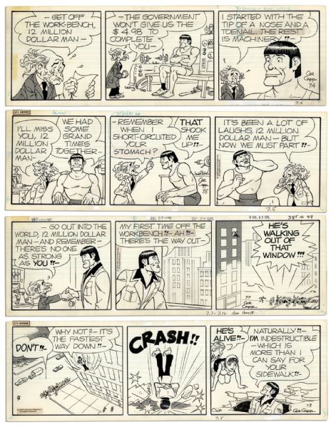 Lot of 4 ''Li'l Abner'' Comic Strips Hand Drawn & Each Signed by Al Capp From 1975 -- Featuring The ''12 Million Dollar Man'' & His Mad Scientist Creator -- Measuring 19.75'' x 6.25'' Apiece