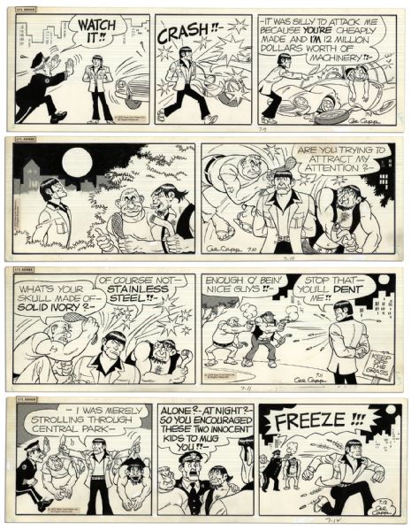 Lot of 4 ''Li'l Abner'' Comic Strips Hand-Drawn by Al Capp From July 1975 -- Featuring 12 Million Dollar Man -- 19.75'' x 6.25'' -- Toning & White Out, Near Fine