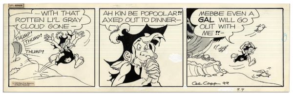 Lot of 4 ''Li'l Abner'' Comic Strips Hand-Drawn by Al Capp -- Li'l Abner, Daisy Mae, Joe Btfsplk & Salomey -- September & November 1975 -- 19.75'' x 6.25'' -- Toning & White Out, Near Fine
