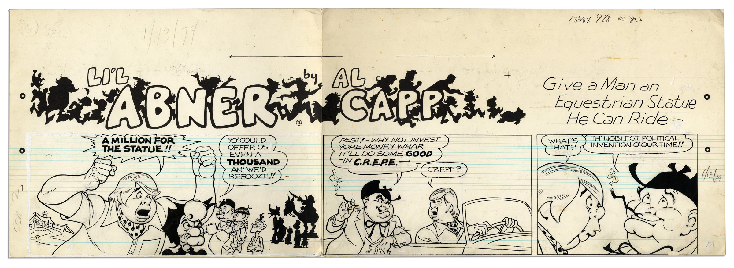 Lot Detail Li L Abner Sunday Strip Hand Drawn By Al Capp From 13 January 1974 Featuring Mammy Yokum Senator Phogbound With Sketches To Verso 29 X 23 On Three Separated Strips